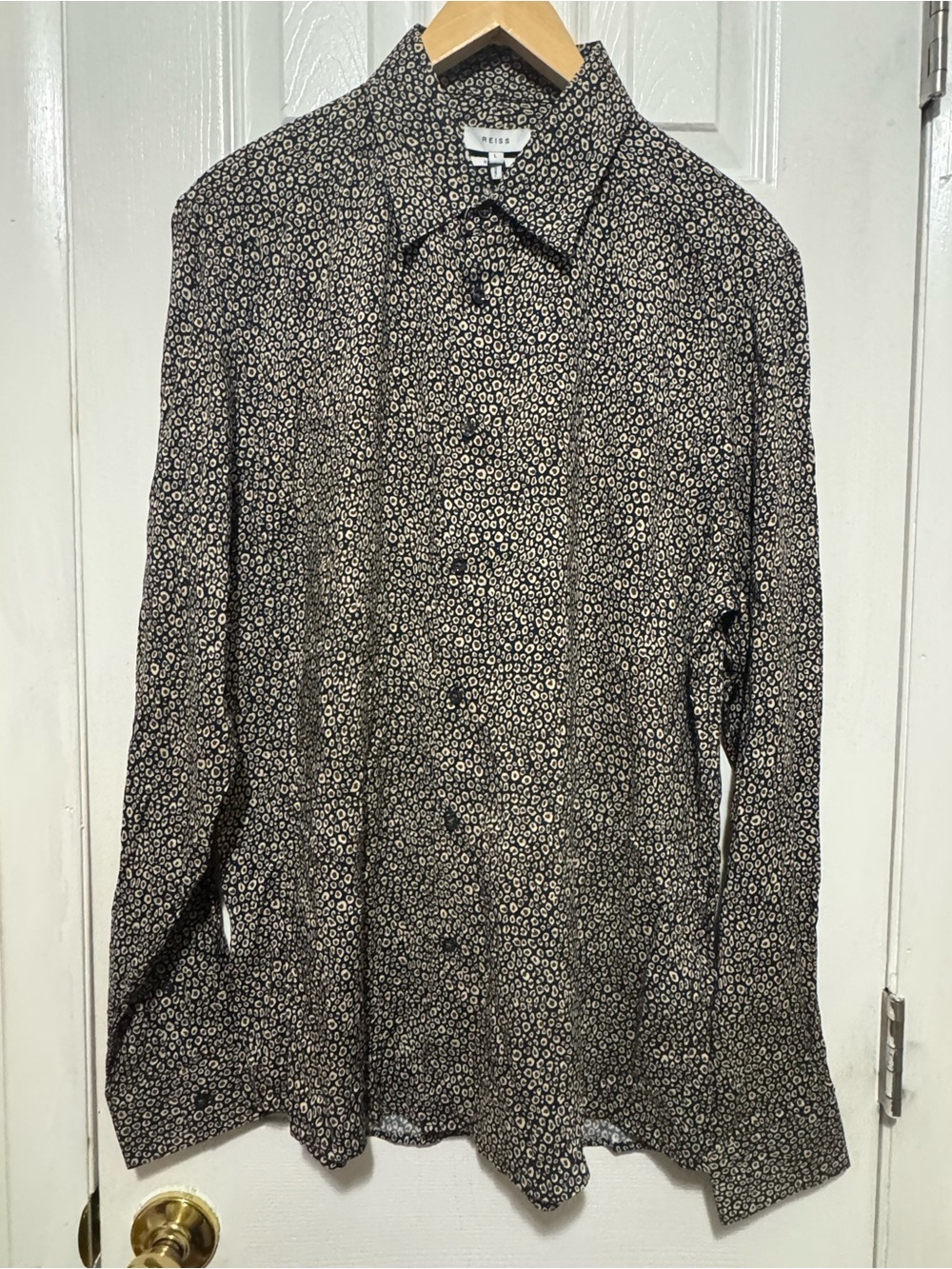 Reiss Men's Navy Shirt with Cream Micro Print. Retail price $180.